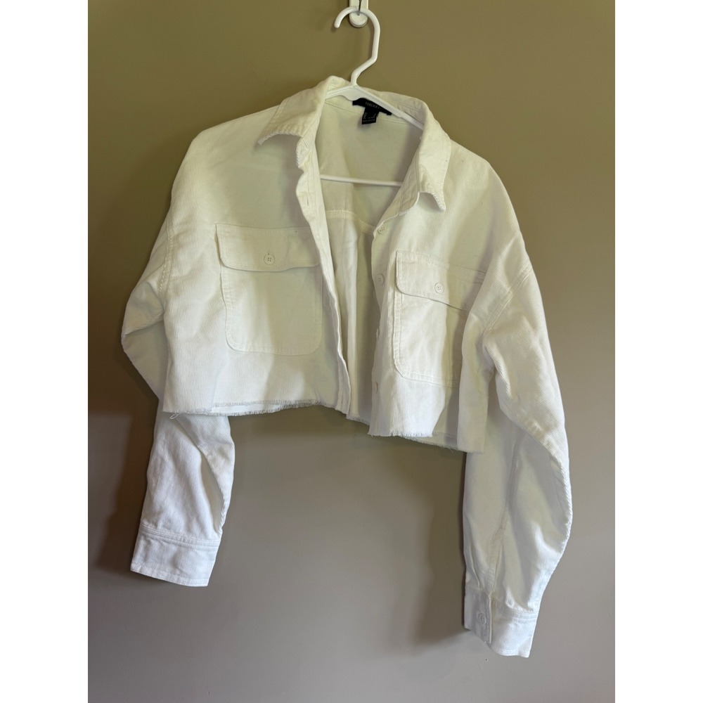 Forever 21 White Cropped Corduroy Jacket Raw Hem Button Up‎ Womens Medium